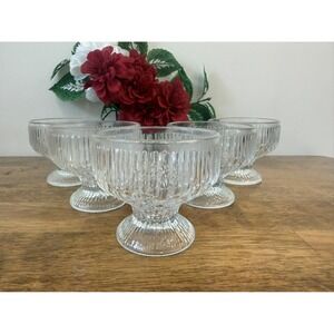 Vintage Indiana Glass Ice Bark Pedestal Dessert Bowls Clear Pressed Glass Set‎
